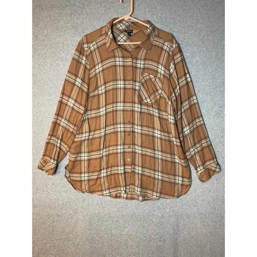 Torrid Flannel Tunic Shirt Womens 1X Light Brown‎ Plaid Grunge Longsleeve